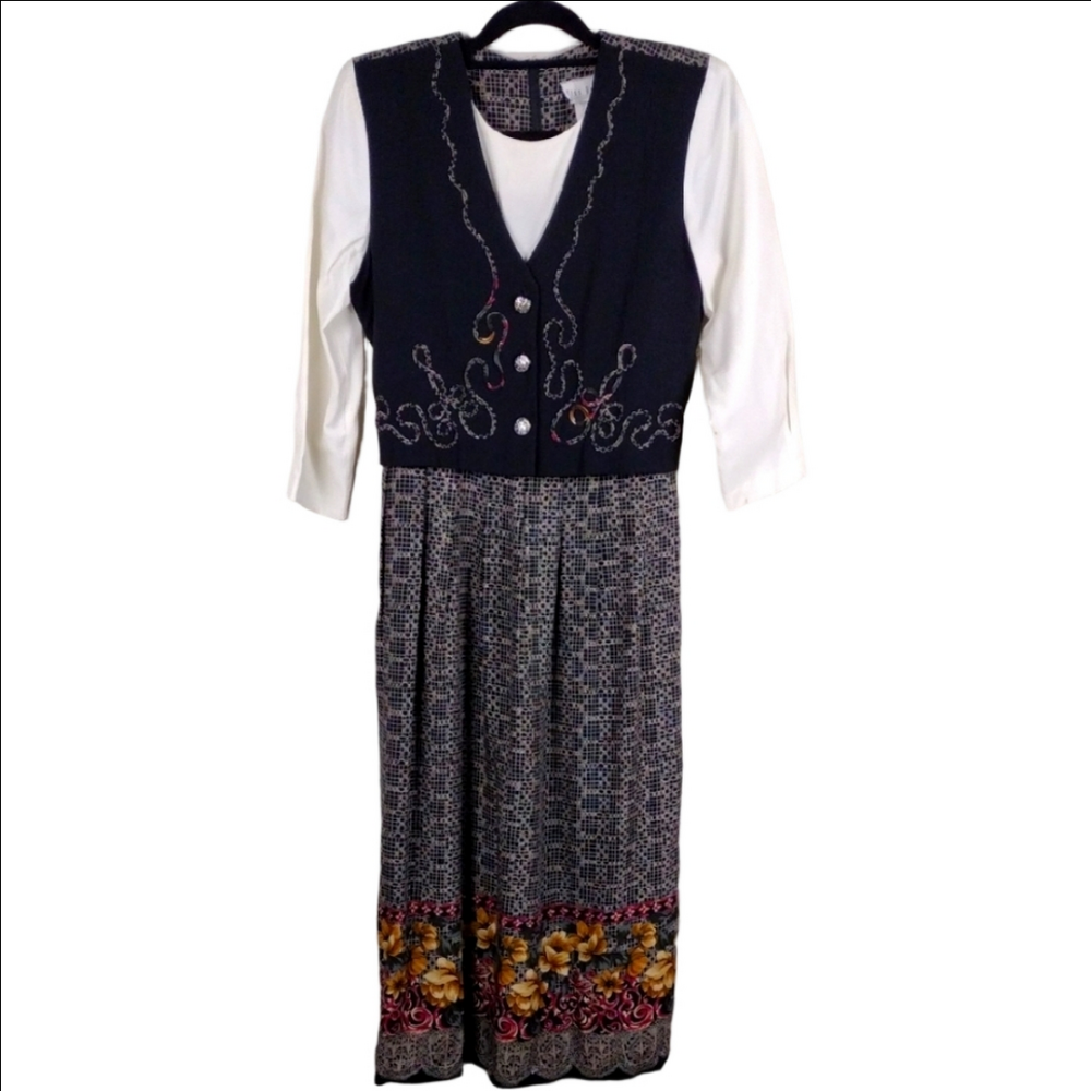Miss Dorby Vintage Black Stiched Floral Hem Long Sleeve Zipper Back Midi Dress